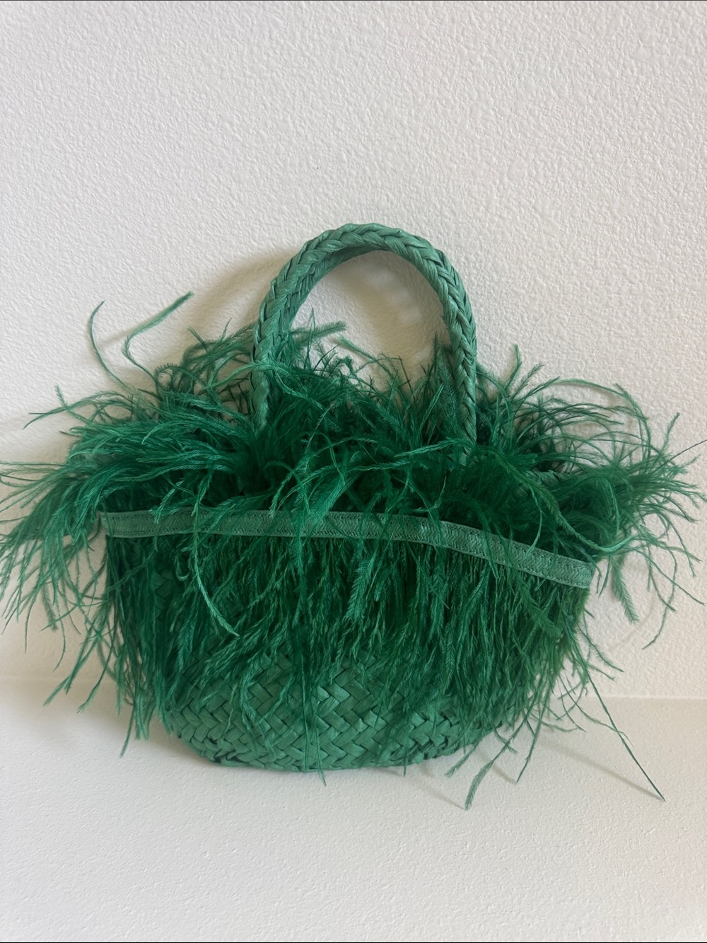 Zara Emerald Green Feathered Straw Tote